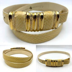 Vintage 80s Leather Shop Cream Genuine Snakeskin Leather Gold Buckle Belt L 34"